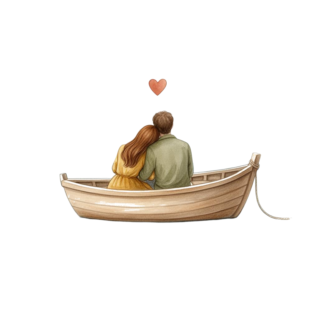 Watercolor illustration of a couple in a small boat with a heart above